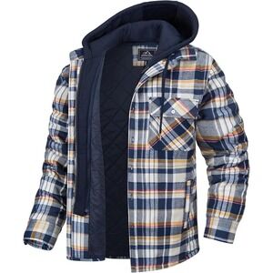 TacVasen Flannel Jacket Plaid Shacket Hood Layer Hoodie Blue Tan Sz M Men's